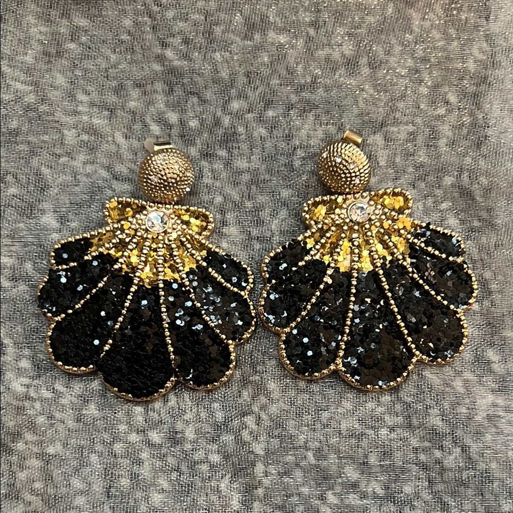 Gold and Black Sequin Shell Drop Earrings - Women's Jewelry